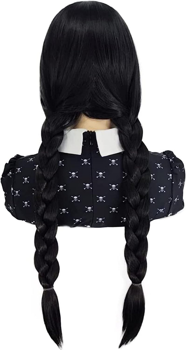 PERUKA WEDNESDAY ADDAMS WŁOSY COSPLAY WARKOCZE Z GRZYWKĄ 60CM NA IMPREZĘ