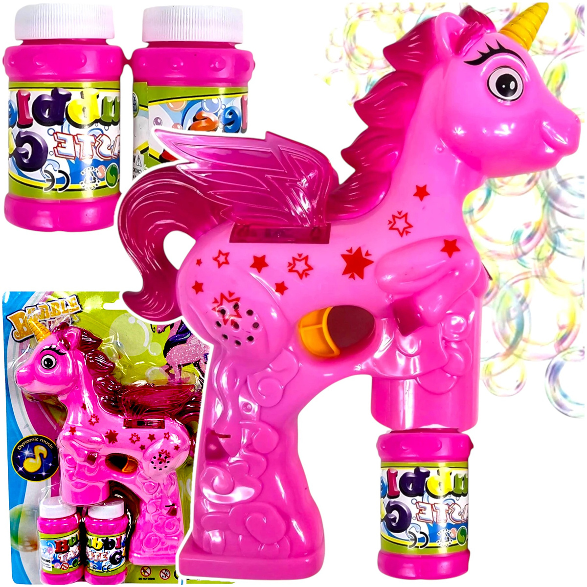 PISTOLET DO BANIEK DLA DZIEWCZYNKI JEDNOROŻEC + 2x PŁYN BAŃKI MYDLANE PEGAZ
