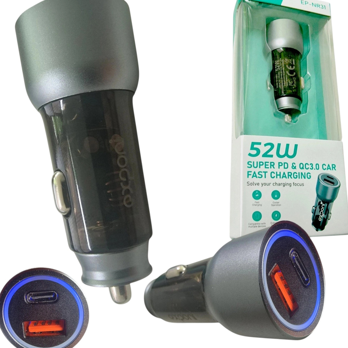 SZYBKA ŁADOWARKA SAMOCHODOWA USB USB-C QC 3.0 PD 52W DO ZAPALNICZKI MOCNA