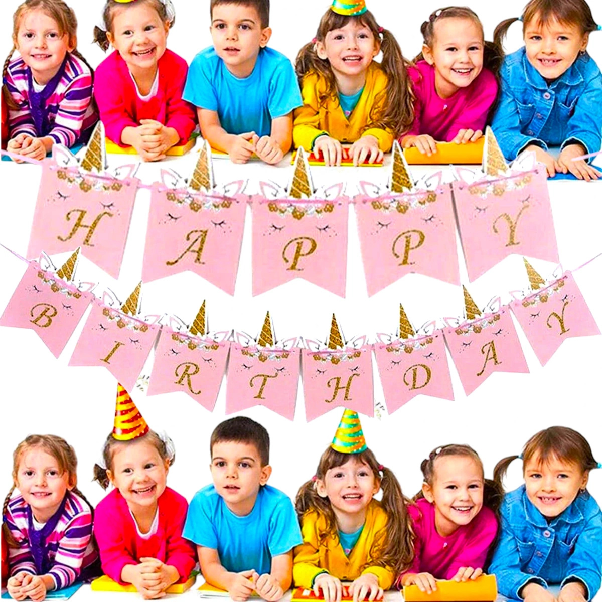 GIRLANDA URODZINOWA NAPIS HAPPY BIRTHDAY RÓŻOWO ZŁOTA W JEDNOROŻCE 200cm