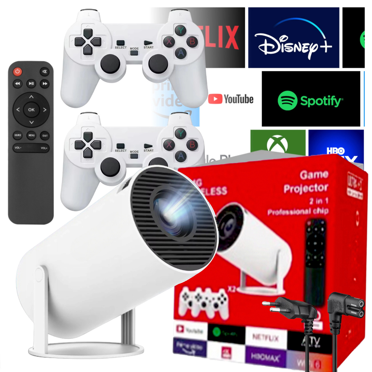 PROJEKTOR LED RZUTNIK + KONSOLA ANDROID PRZENOŚNY 2 PADY GRY PILOT WIFI USB
