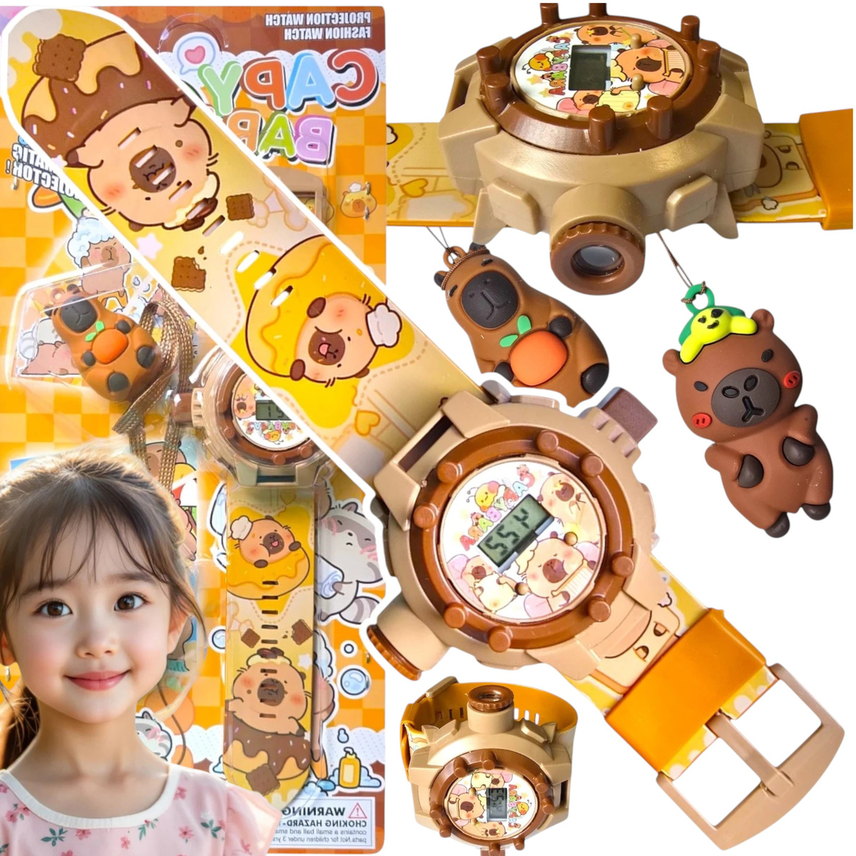 ZEGAREK 3D Z PROJEKTOREM DLA DZIECI KAPIBARA + BRELOCZEK CAPYBARA WYŚWIETLA