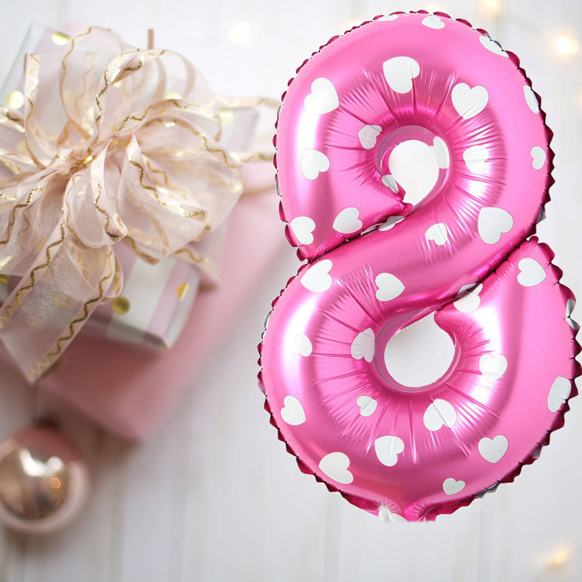 BALON FOLIOWY CYFRA 8 RÓŻOWY W SERDUSZKA NA URODZINY DLA DZIECI 80cm