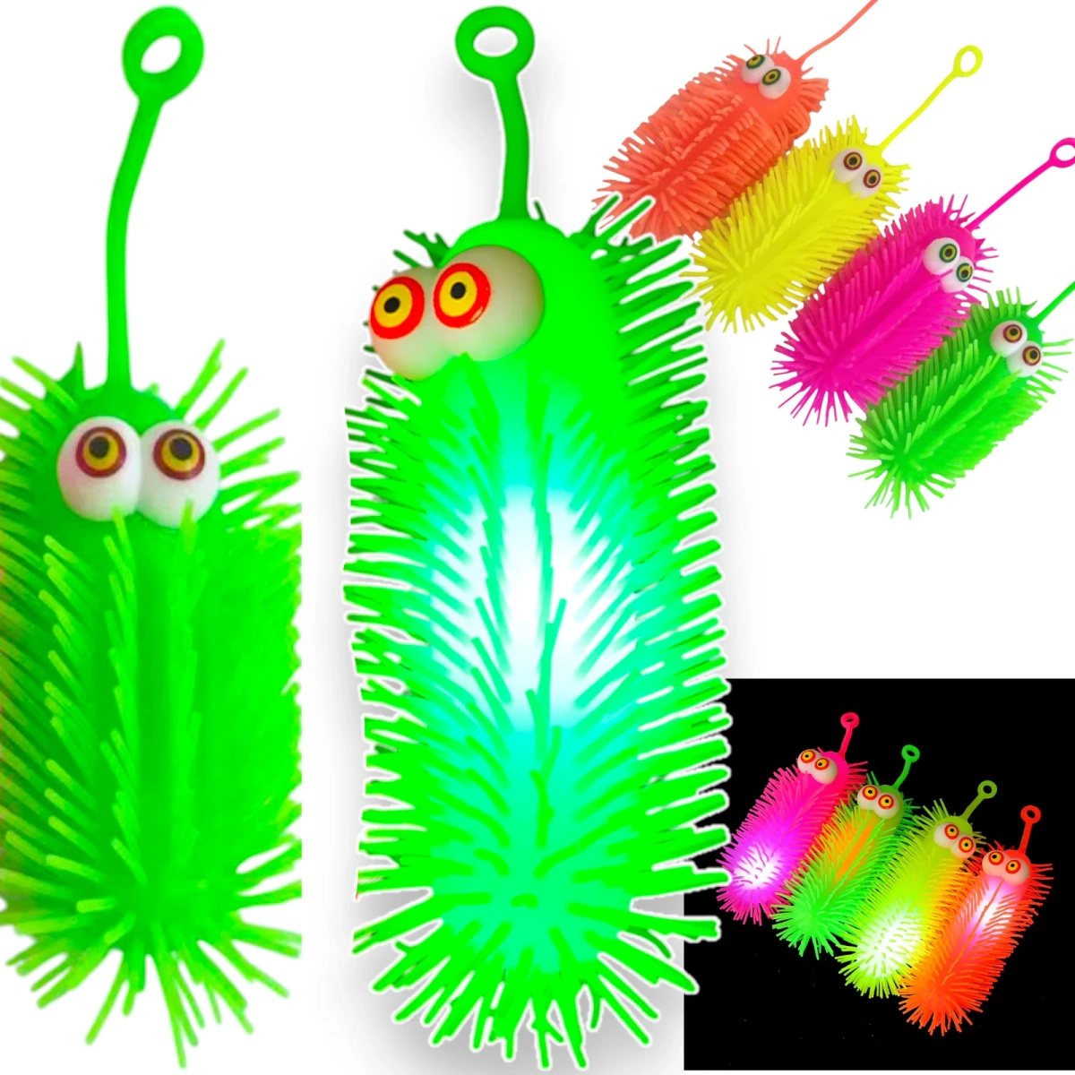 ZABAWKA ANTYSTRESOWA SILIKONOWY GNIOTEK GĄSIENICA ŚWIECĄCY LED SENSORYCZNY