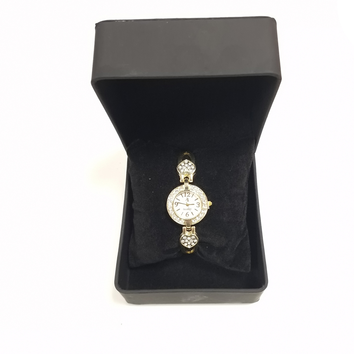 KLASYCZNY ZŁOTY ZEGAREK DAMSKI CYRKONIE PUDEŁKO ZE SKÓRY KWARCOWY  PREZENT