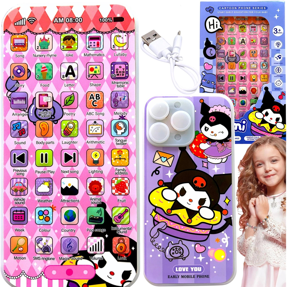 KUROMI - SMARTFON DLA DZIECI DOTYKOWY 3D TELEFON INTERAKTYWNY ŚWIECI GRA 