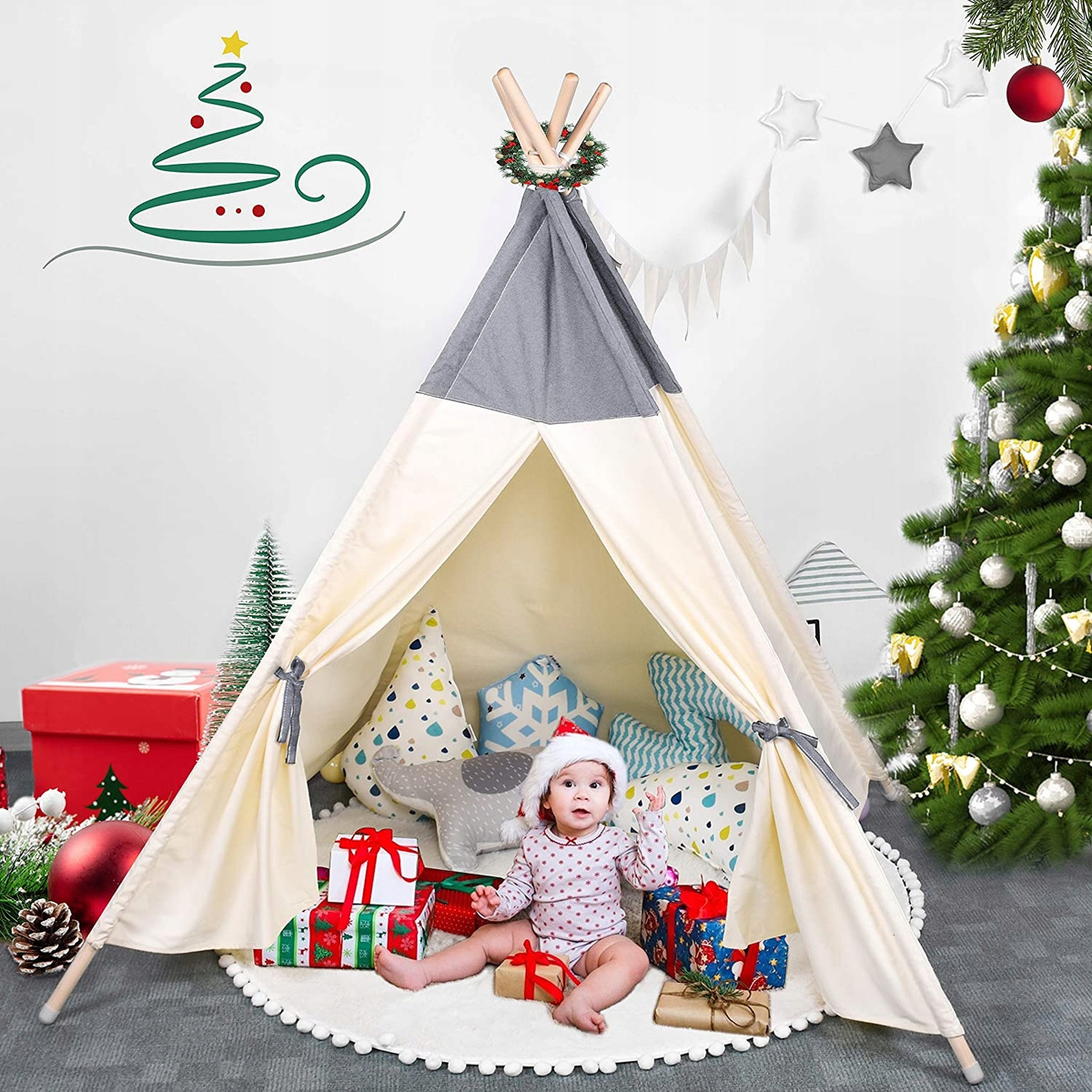 NAMIOT DLA DZIECI TIPI WIGWAM BAZA STABILNY + MIĘKKA MATA + LAMPKI LED