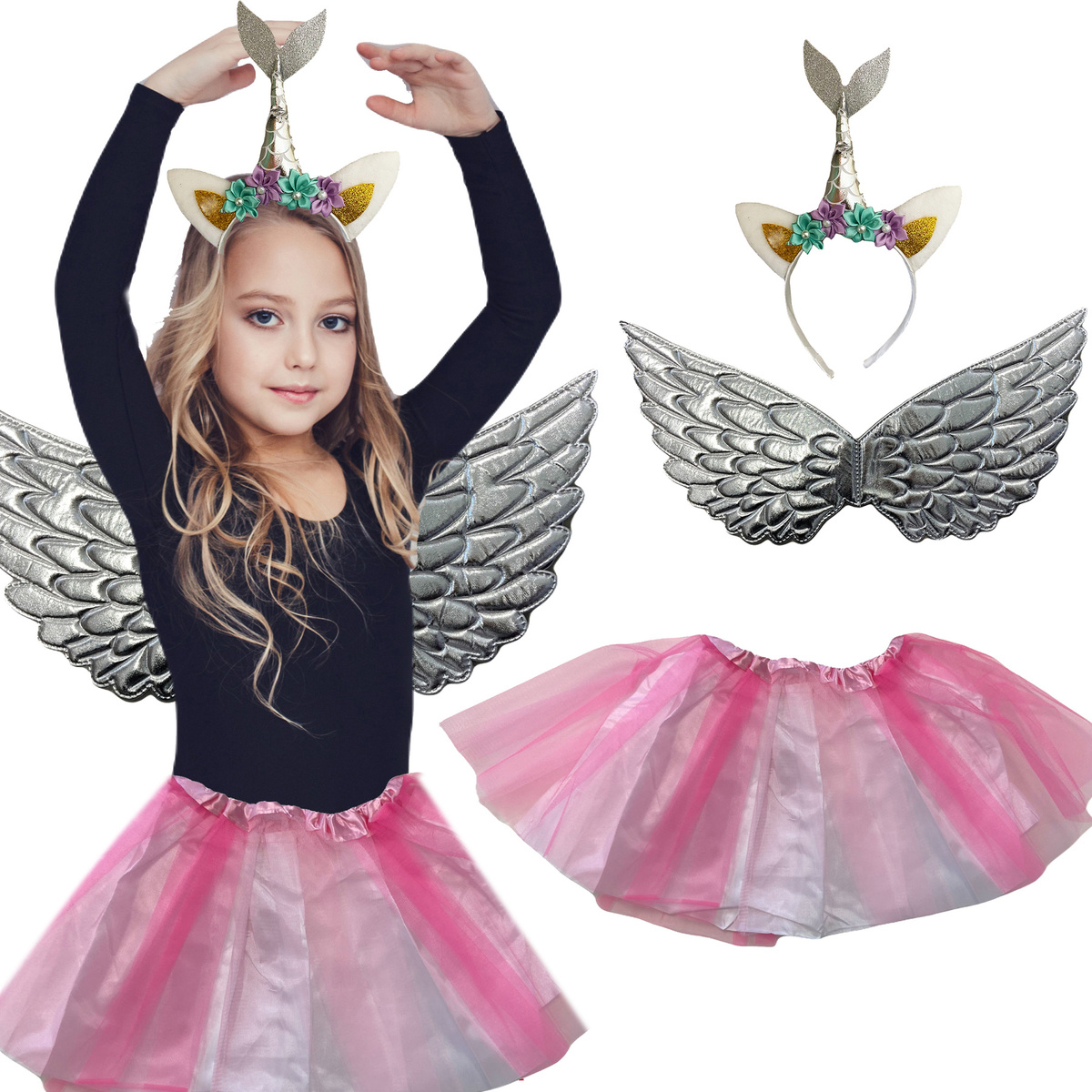 STRÓJ JEDNOROŻEC PRZEBRANIE DLA DZIEWCZYNKI SKRZYDŁA OPASKA SPÓDNICA PEGAZ