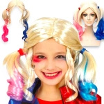 PERUKA WŁOSY HARLEY QUINN PRZEBRANIE DLA DZIEWCZYNKI KUCYKI BLOND DO STROJU