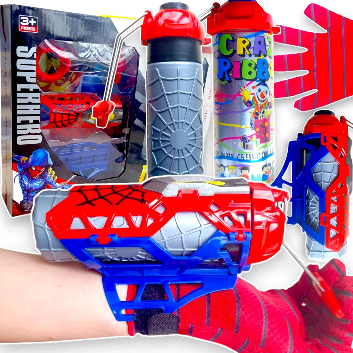 SPIDERMAN ZESTAW 5w1 WYRZUTNIA SIECI LUB WODY STRZELA SERPENTYNA RĘKAWICA 