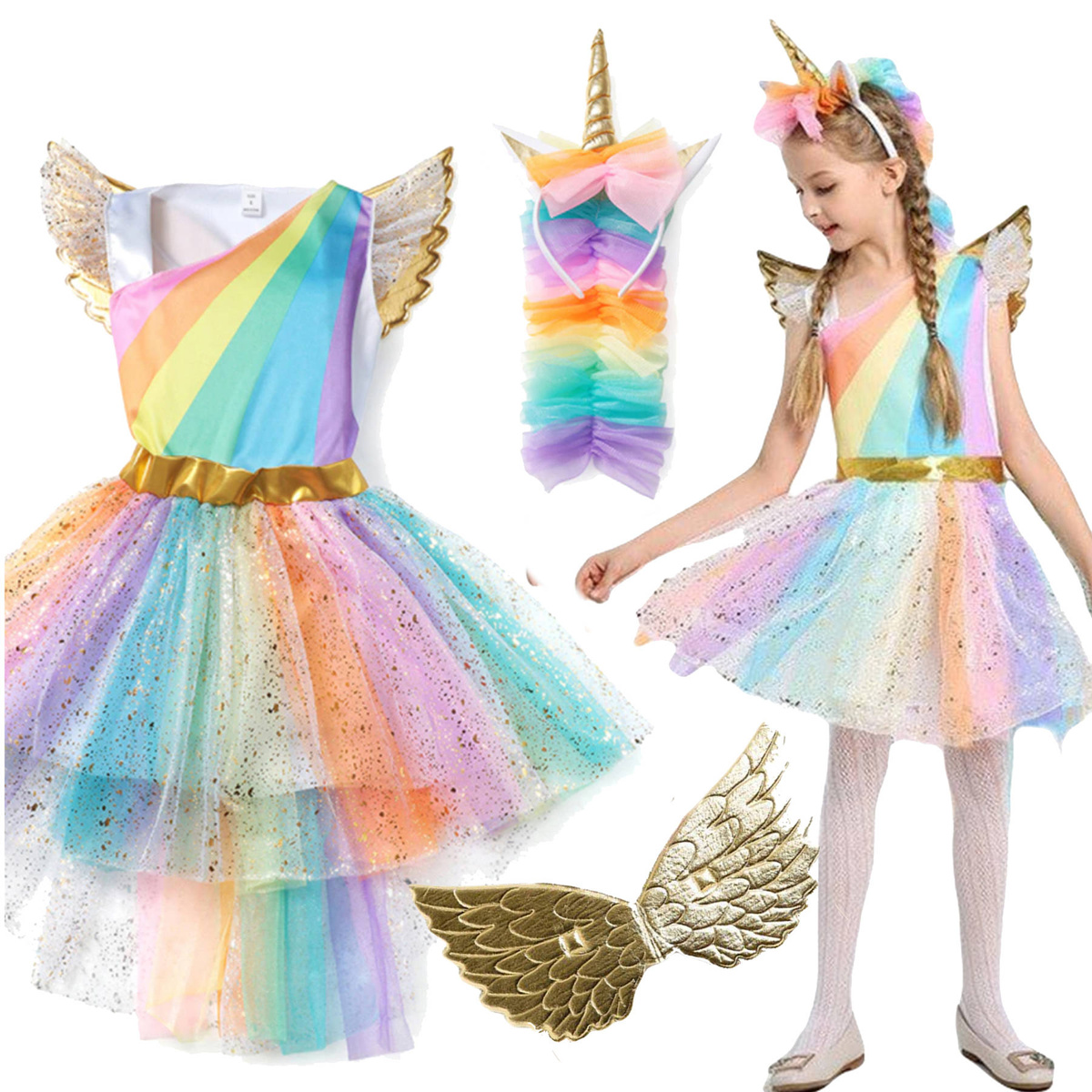 STRÓJ JEDNOROŻEC KOSTIUM JEDNOROŻCA DLA DZIEWCZYNKA SUKIENKA OPASKA NA BAL