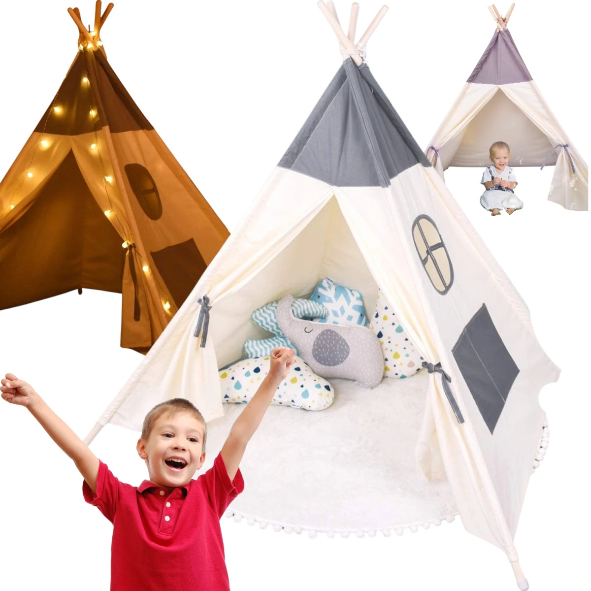 NAMIOT DLA DZIECI TIPI WIGWAM BAZA STABILNY + MIĘKKA MATA + LAMPKI LED