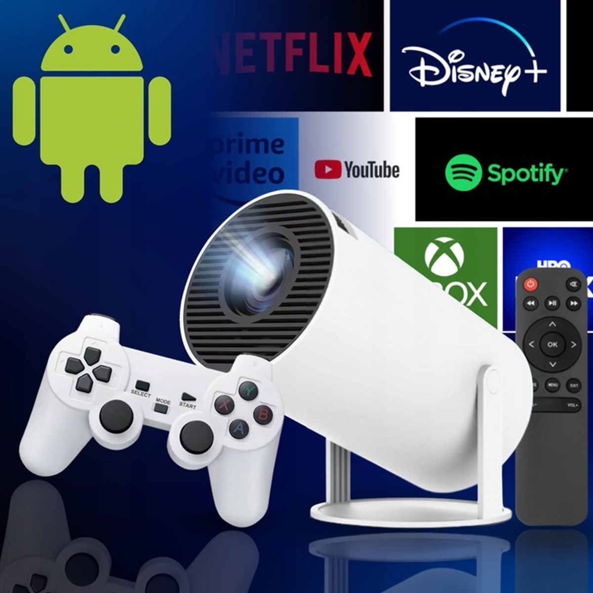 PROJEKTOR LED RZUTNIK + KONSOLA ANDROID PRZENOŚNY 2 PADY GRY PILOT WIFI USB