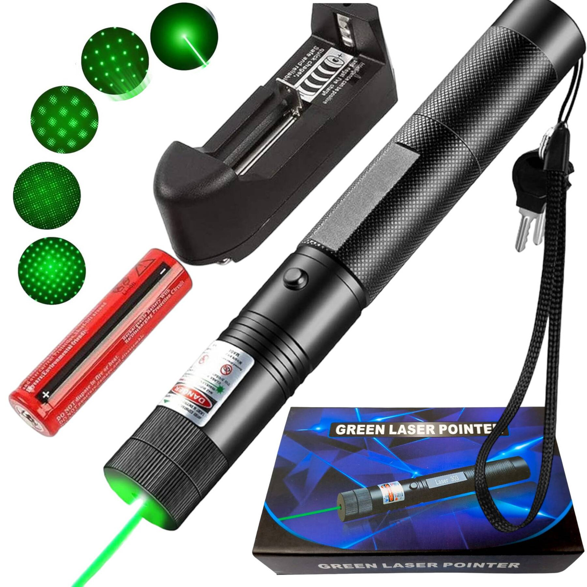MOCNY WSKAŹNIK LASEROWY LASER POINTER ZIELONY AKU + ŁADOWARKA I NAKŁADKA