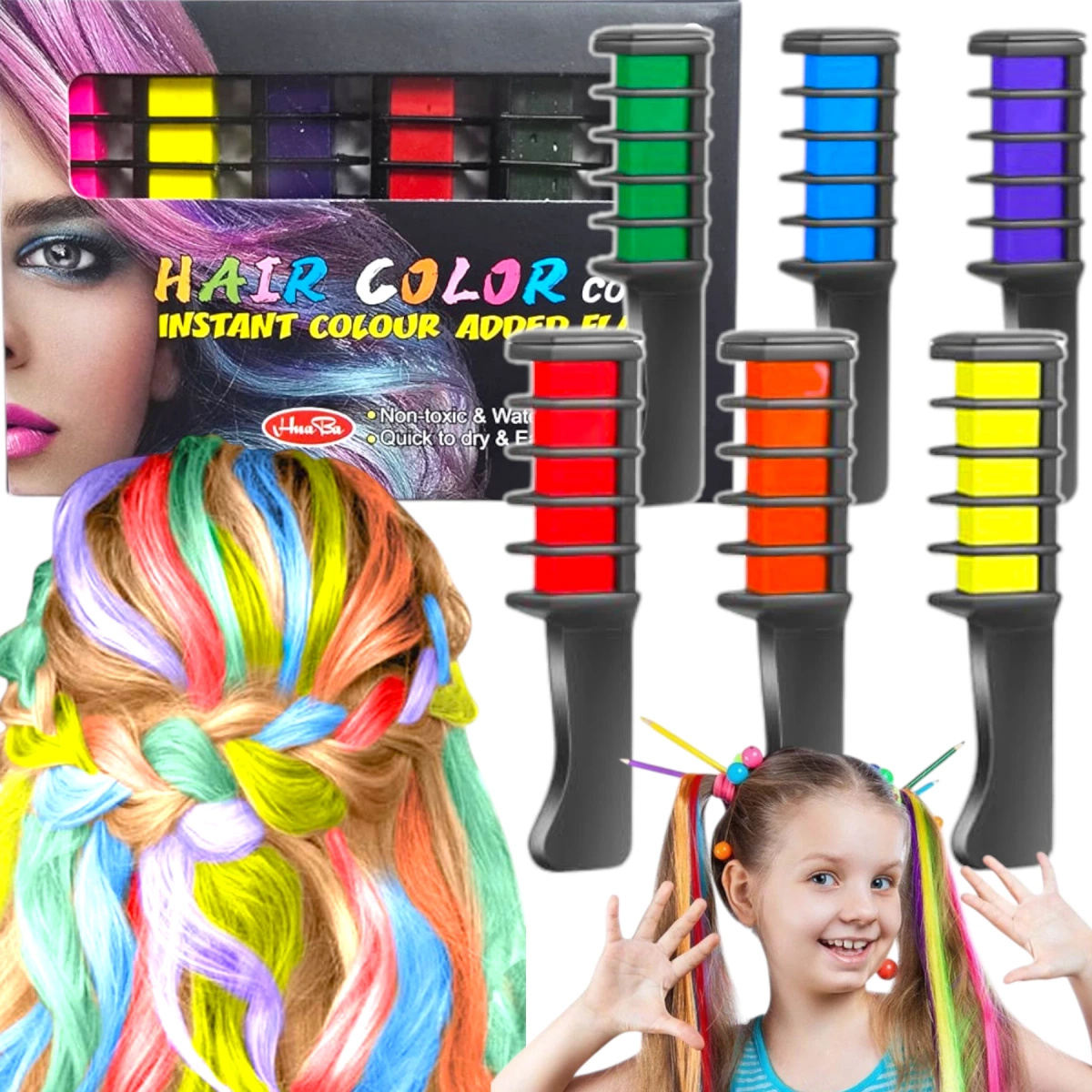 FARBY DO KOLOROWANIA MALOWANIA WŁOSÓW NA GRZEBIENIU 6 KOL FARBKI ZMYWALNE 