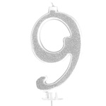 ŚWIECZKA URODZINOWA NA TORT CYFRA 9 SREBRNA Z BROKATEM NA URODZINY