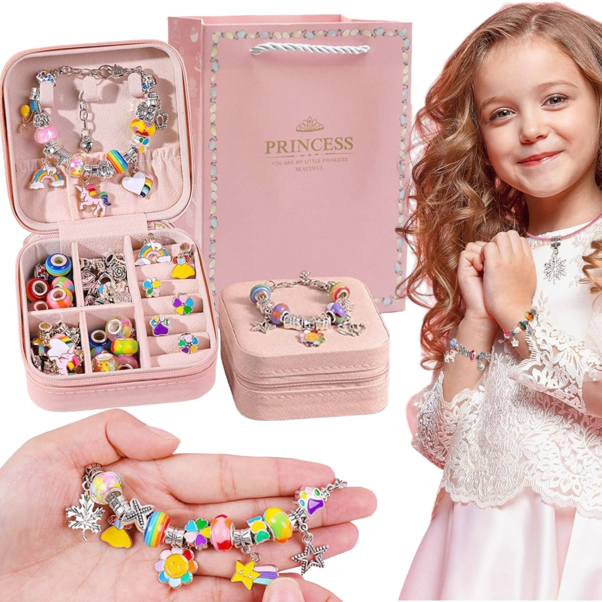 Zestaw do Robienia Bransoletek Koraliki Biżuterii Prezent Zawieszki Kuferek