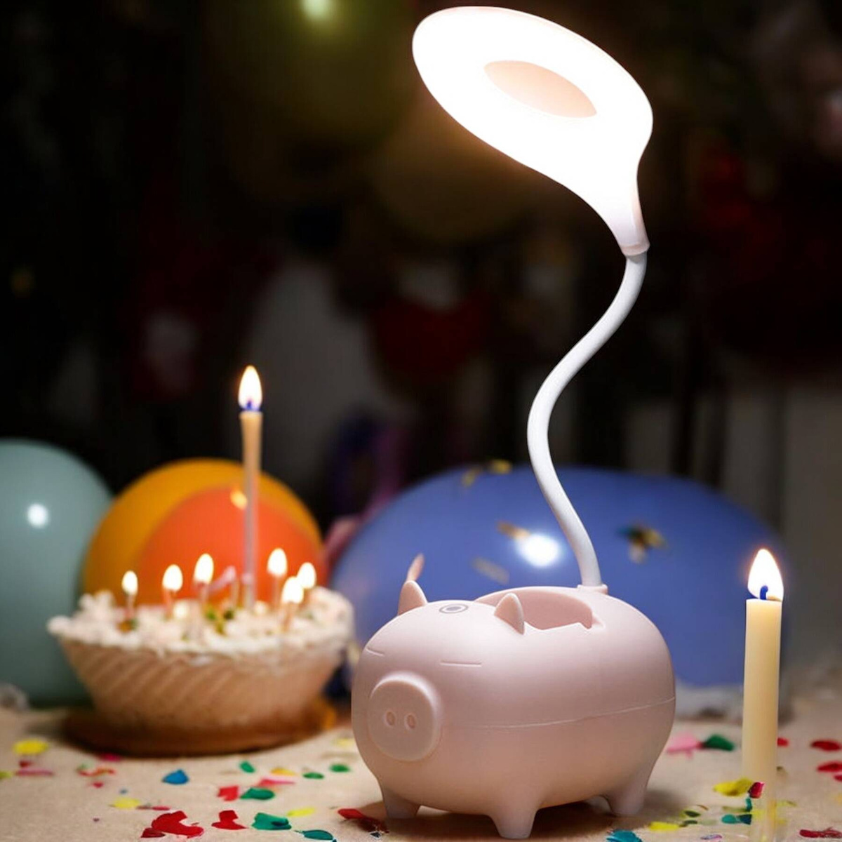 LAMPKA BIURKOWA ŚWINKA Z POJEMNIKIEM LED  PODSTAWKA NA TELEFONU DLA DZIECI