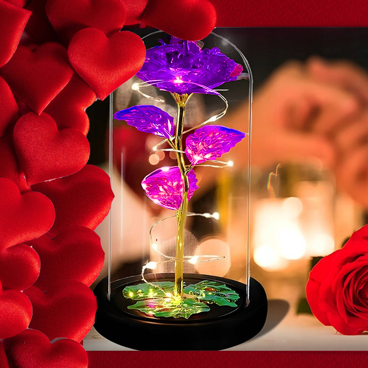 WIECZNA RÓŻA W SZKLE ŚWIECĄCA ŚWIECI LED FLOWERBOX BUKIET KWIATY NA PREZENT