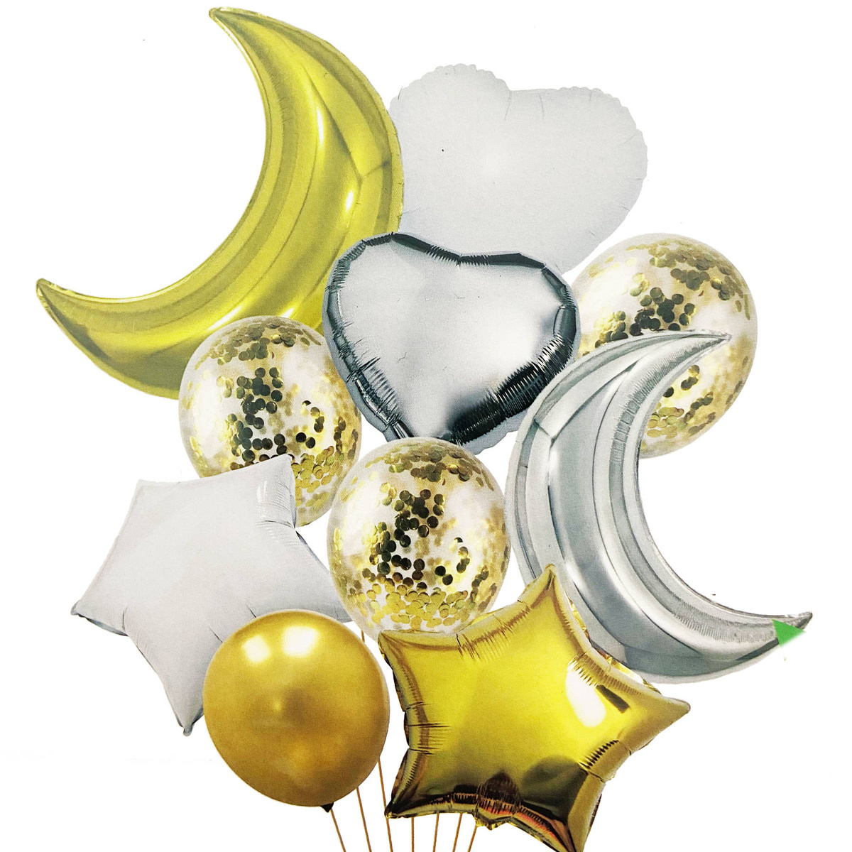 ZESTAW BALONÓW GWIAZDY KSIĘŻYC SERCE KONFETTI 10SZT BALONY BIAŁO ZŁOTE 