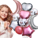 ZESTAW BALONÓW GWIAZDY KSIĘŻYC SERCE KONFETTI 10SZT BALONY RÓŻOWO SREBRNE
