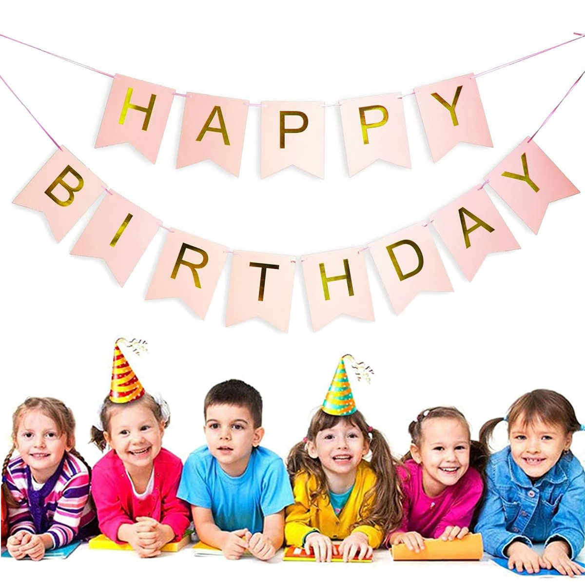 GIRLANDA URODZINOWA Z NAPISEM HAPPY BIRTHDAY RÓŻOWA ZŁOTE NAPISY 200cm