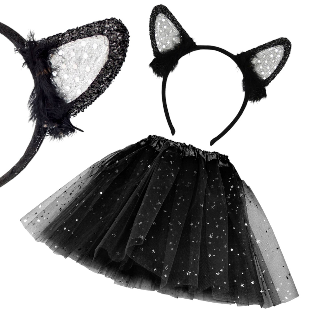 KOSTIUM DLA DZIEWCZYNKI NA BAL PRZEBIERAŃCÓW CZARNY KOTEK SPÓDNICZKA OPASKA 