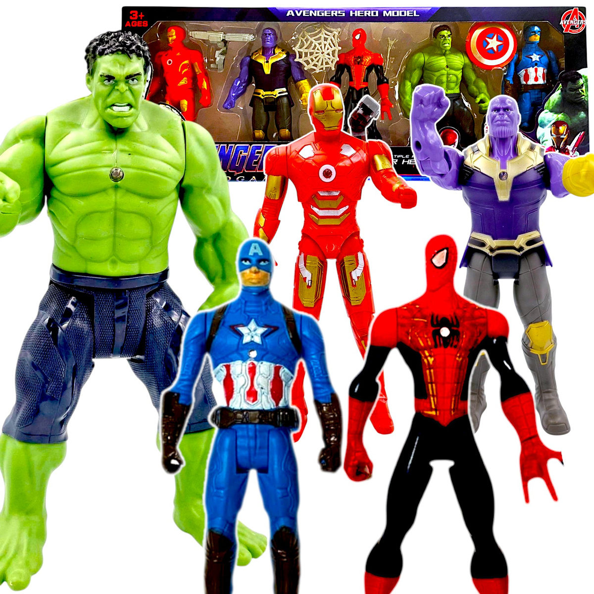 FIGURKI AVENGERS SPIDERMAN THANOS HULK AMERYKA IRONMAN 5w1 FIGURKA BOHATER
