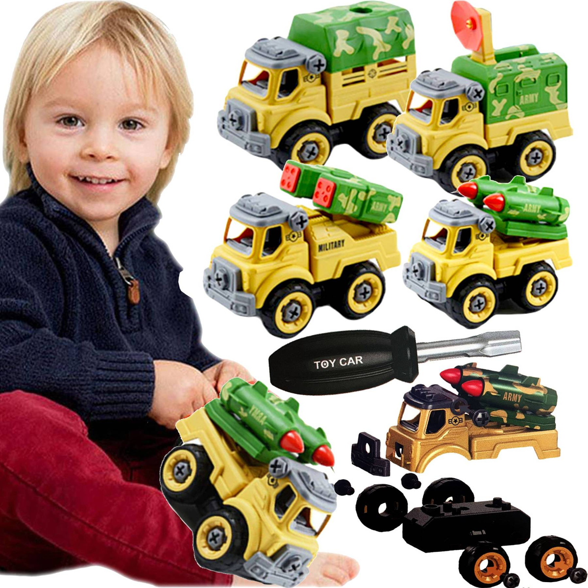ZESTAW POJAZDÓW DO SKRĘCANIA POJAZDY WOJSKOWE 4 SZTUKI + ŚRUBOKRĘT ARMIA