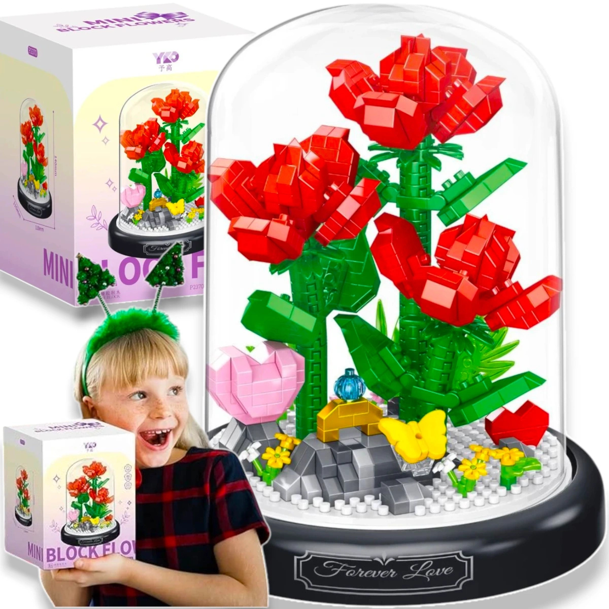 KLOCKI KWIATY RÓŻA W SZKLE CZERWONE RÓŻE W KOPULE BUKIET NA PREZENT KWIATKI