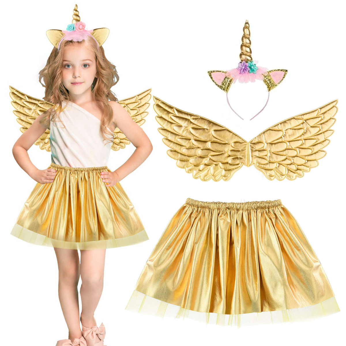 MAGICZNY STRÓJ JEDNOROŻEC DLA DZIEWCZNKI NA BAL SKRZYDŁA OPASKA SPÓDNICZKA