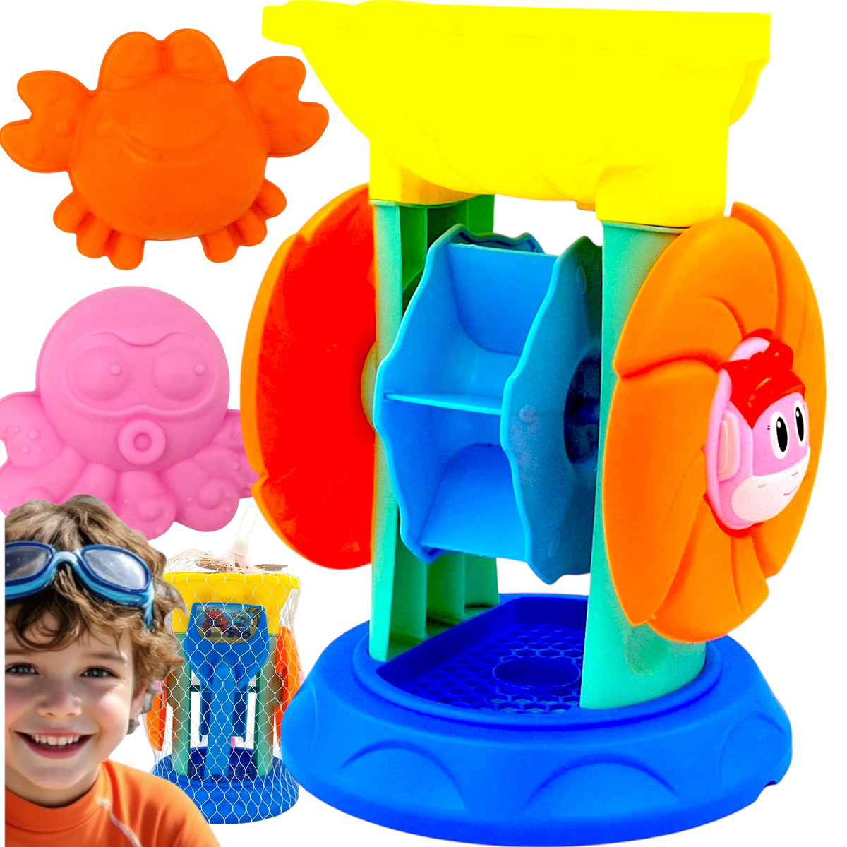 ZESTAW ZABAWEK DO ZABAWY W PIASKU 5w1 MŁYNEK GRABKI ŁOPATA FOREMKI NA PLAŻĘ