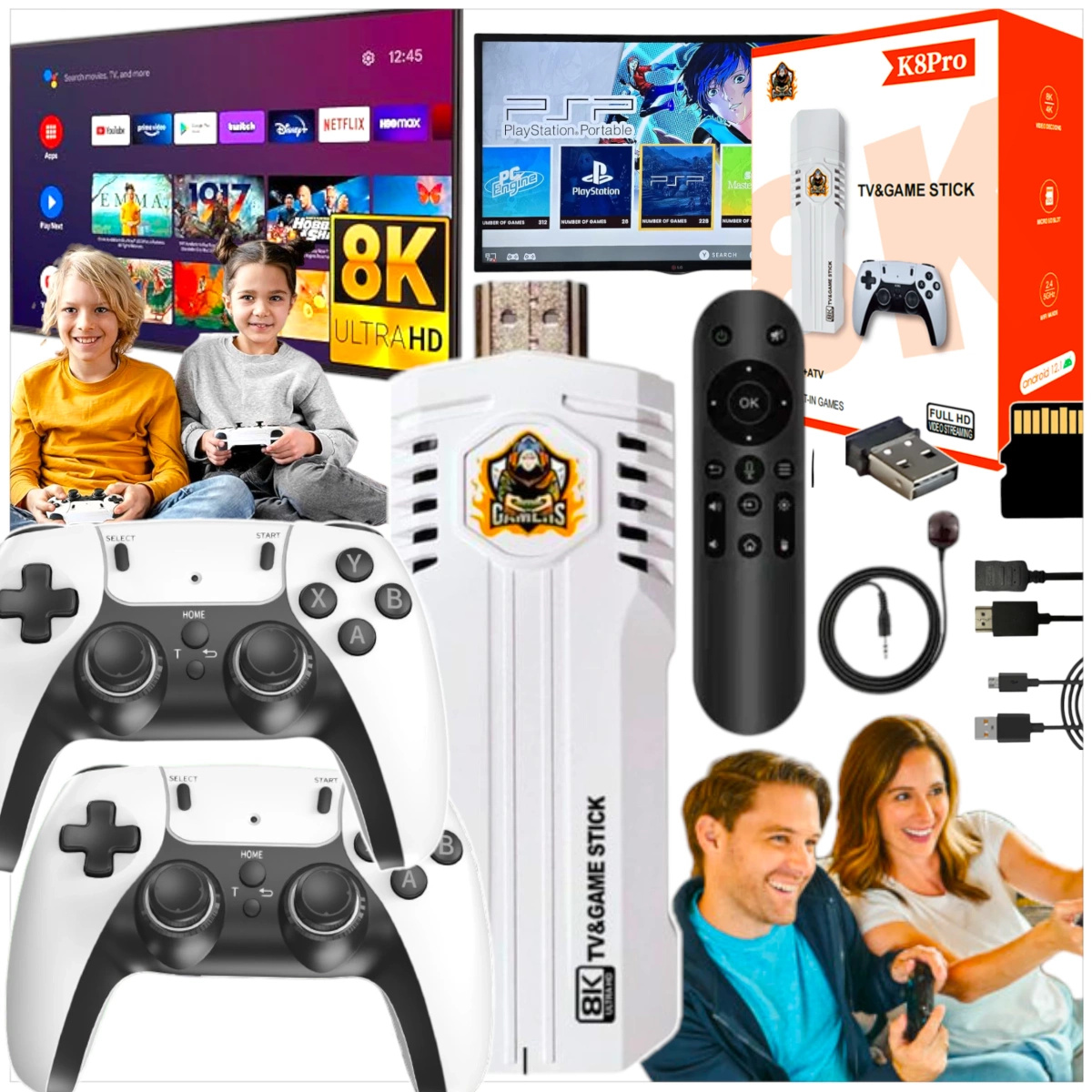 PRZENOŚNA KONSOLA RETRO HDMI 8K EMULATOR GRA 2 PADY 20000 GIER ANDROID TV