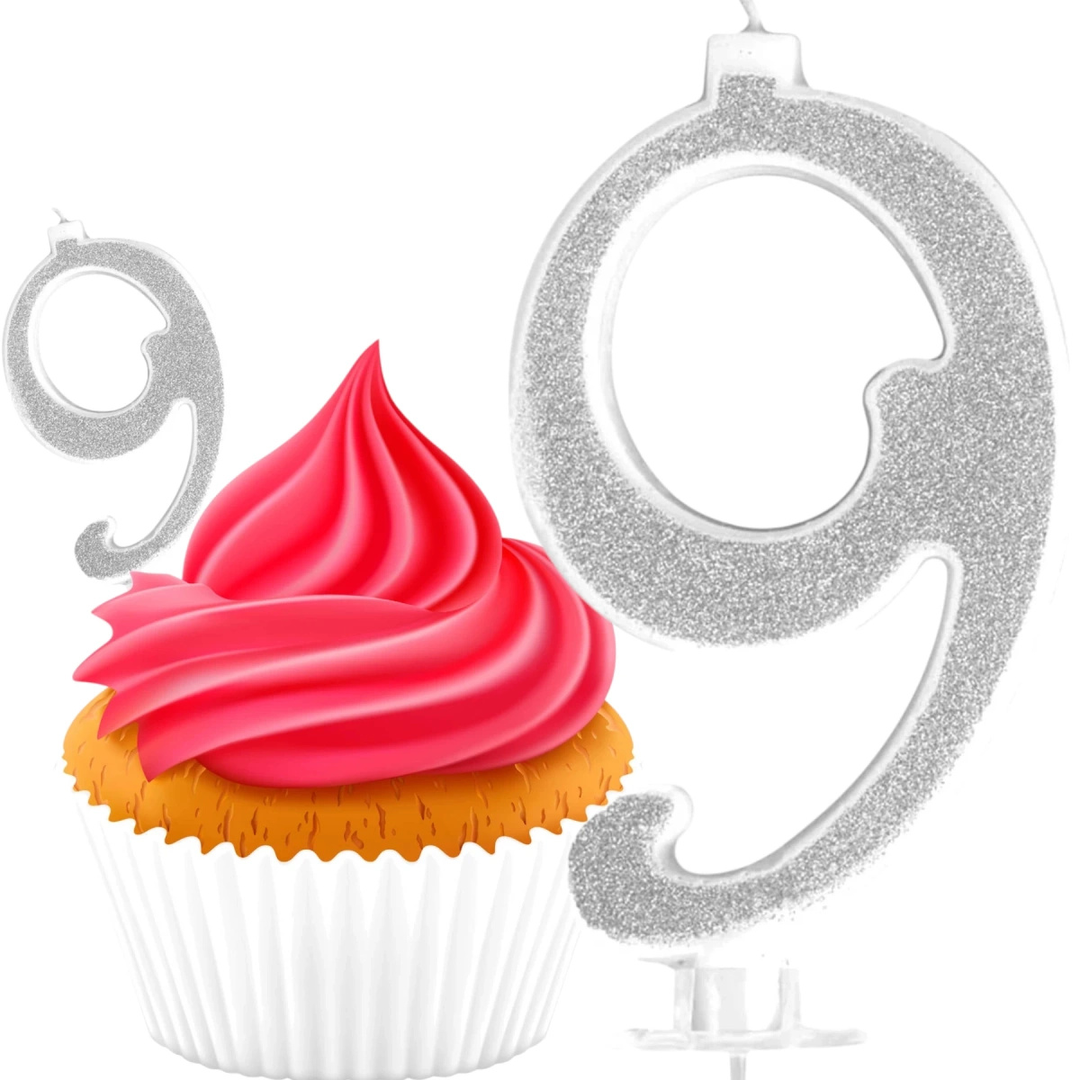 ŚWIECZKA URODZINOWA NA TORT CYFRA 9 SREBRNA Z BROKATEM 13cm DEKORACJA