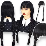 PERUKA WEDNESDAY ADDAMS WŁOSY COSPLAY WARKOCZE Z GRZYWKĄ 60CM NA IMPREZĘ