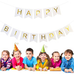 GIRLANDA URODZINOWA Z NAPISEM HAPPY BIRTHDAY BIAŁA ZŁOTE NAPISY 200cm