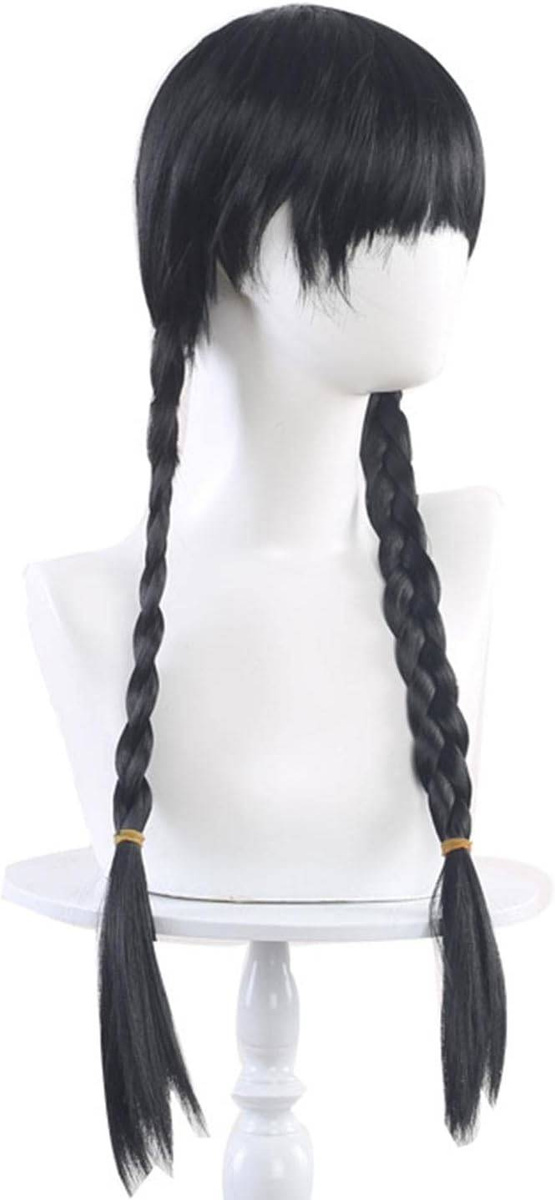 PERUKA WEDNESDAY ADDAMS WŁOSY COSPLAY WARKOCZE Z GRZYWKĄ 60CM NA IMPREZĘ