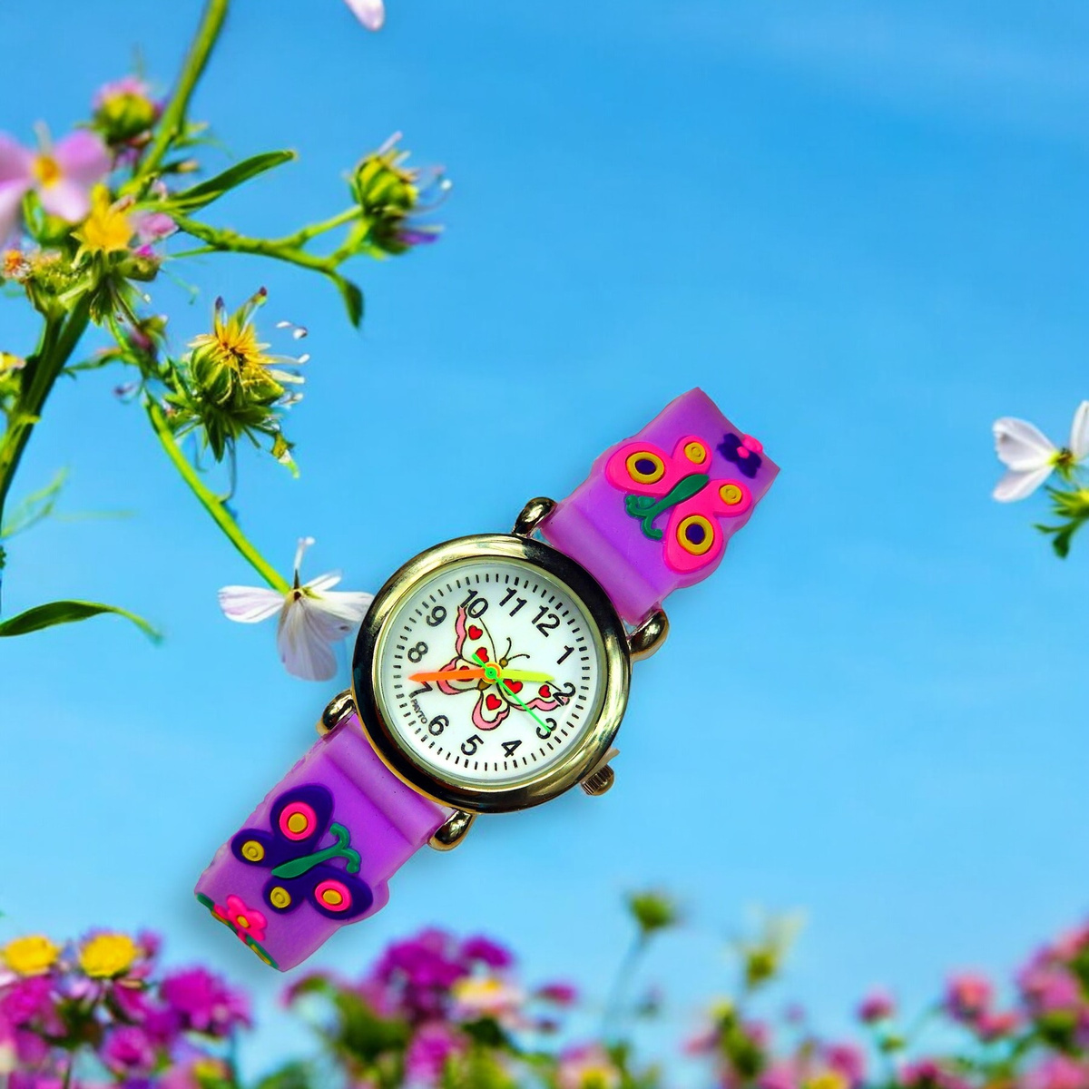 KLASYCZNY ZEGAREK DZIECIĘCY MOTYLI FIOLETOWY EDUKACYJNY NA PREZENT