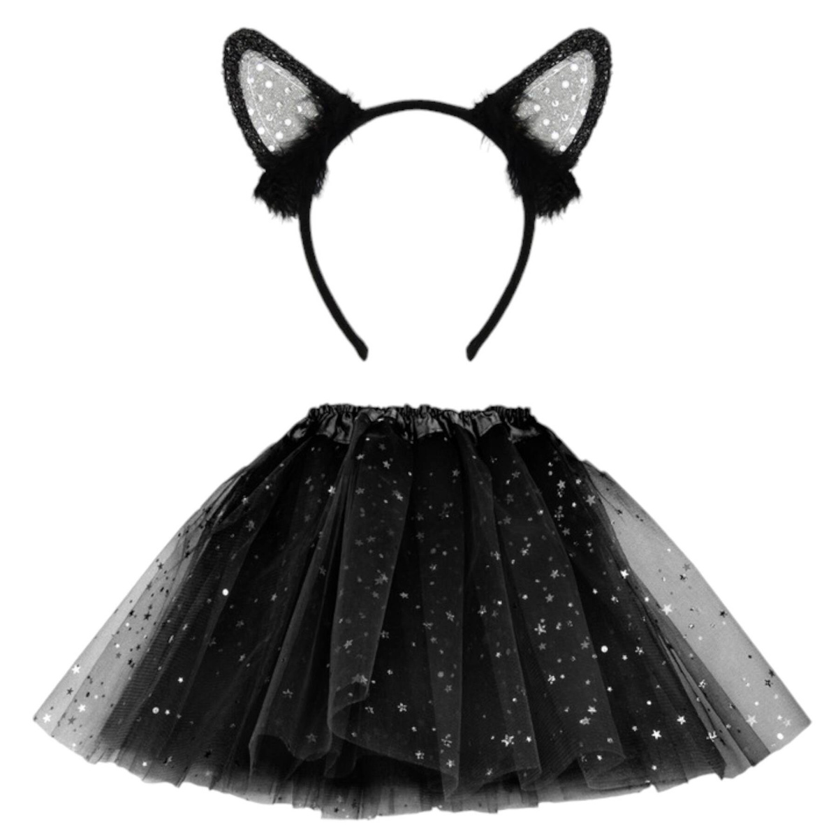 KOSTIUM DLA DZIEWCZYNKI NA BAL PRZEBIERAŃCÓW CZARNY KOTEK SPÓDNICZKA OPASKA 