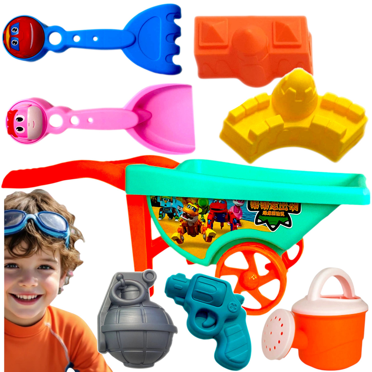 ZESTAW DO ZABAWY W PIASKU 8w1 TACZKA KONEWKA ŁOPATKI FORMY ZABAWKI NA PLAŻĘ