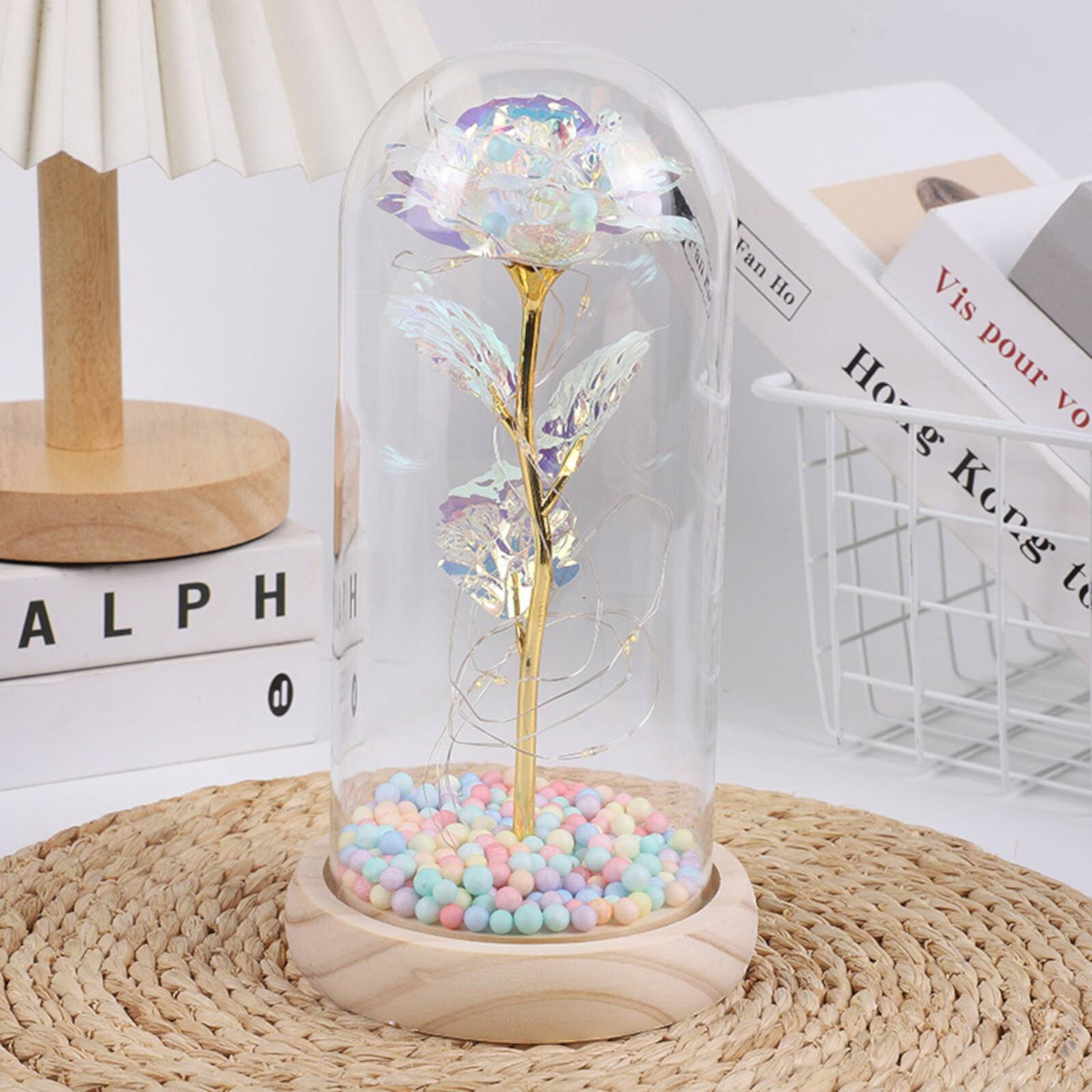 WIECZNA RÓŻA W SZKLE PREZENT NA WALENTYNKI ŚWIECĄCA LED PUDEŁKO PREZENT