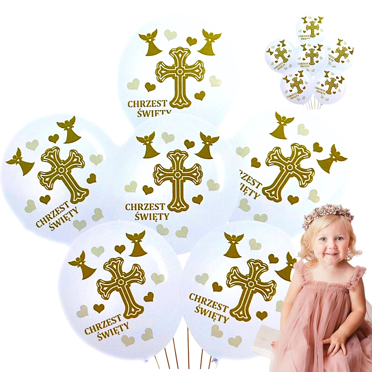 ZESTAW BALONÓW NA CHRZCINY BALONY NA CHRZEST ŚWIĘTY ZESTAW 6szt BIAŁO ZŁOTE
