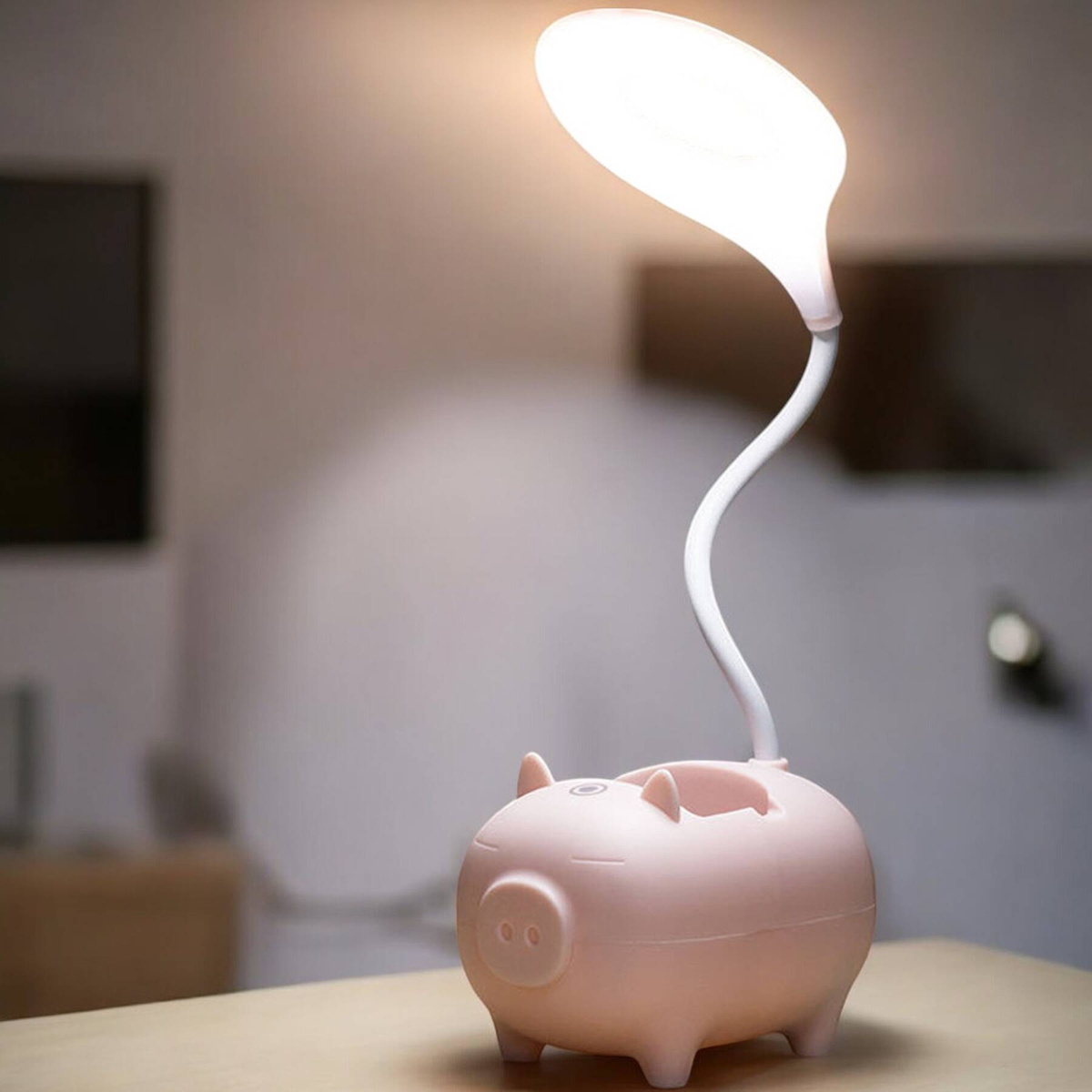 LAMPKA BIURKOWA ŚWINKA Z POJEMNIKIEM LED  PODSTAWKA NA TELEFONU DLA DZIECI