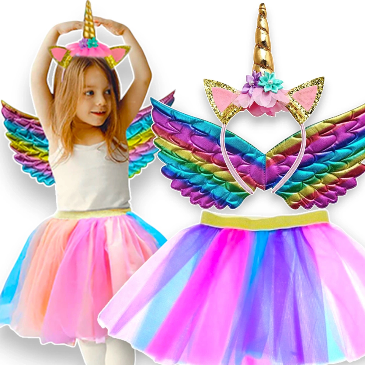 STRÓJ JEDNOROŻEC ZESTAW 3w1 SKRZYDŁA OPASKA SPÓDNICZKA TĘCZOWA KOLOROWA 
