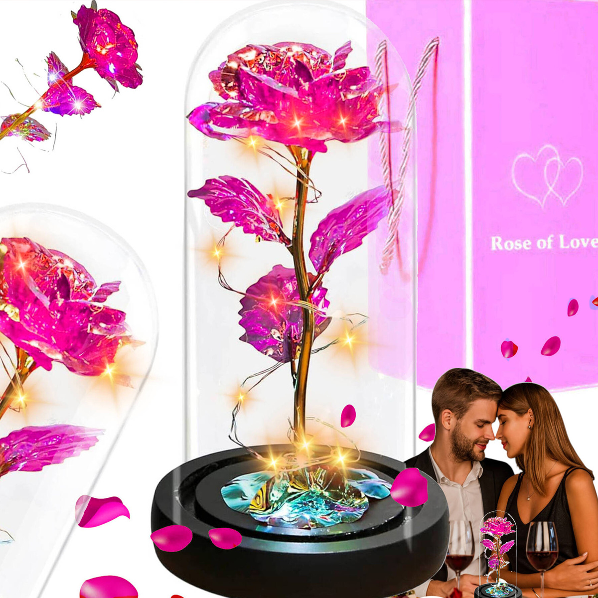 WIECZNA RÓŻA W SZKLE ŚWIECĄCA ŚWIECI LED FLOWERBOX BUKIET KWIATY NA PREZENT