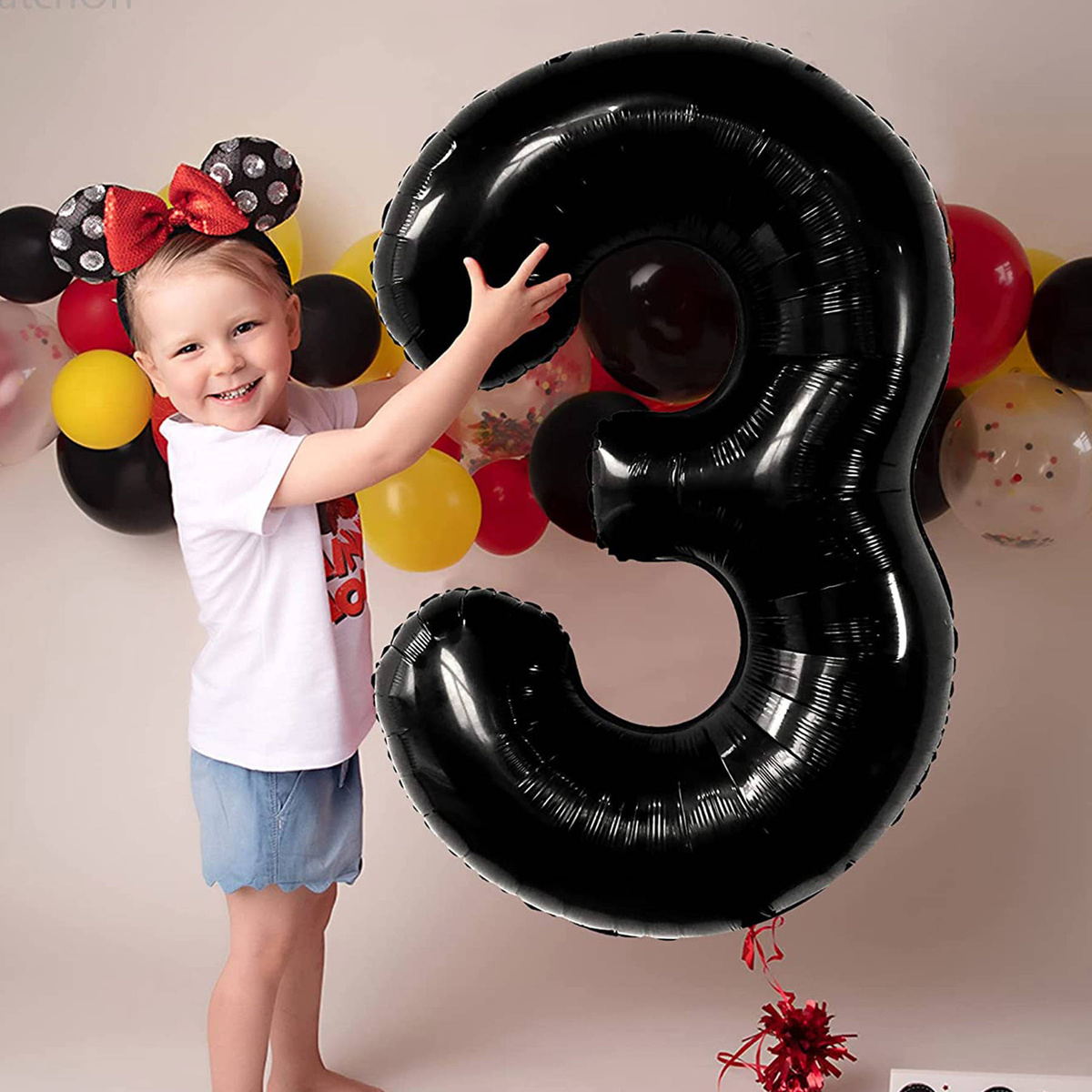 BALON NA 4 URODZINY FOLIOWY CYFRA 3 TRZY CZARNY NA HEL POWIETRZE 100CM