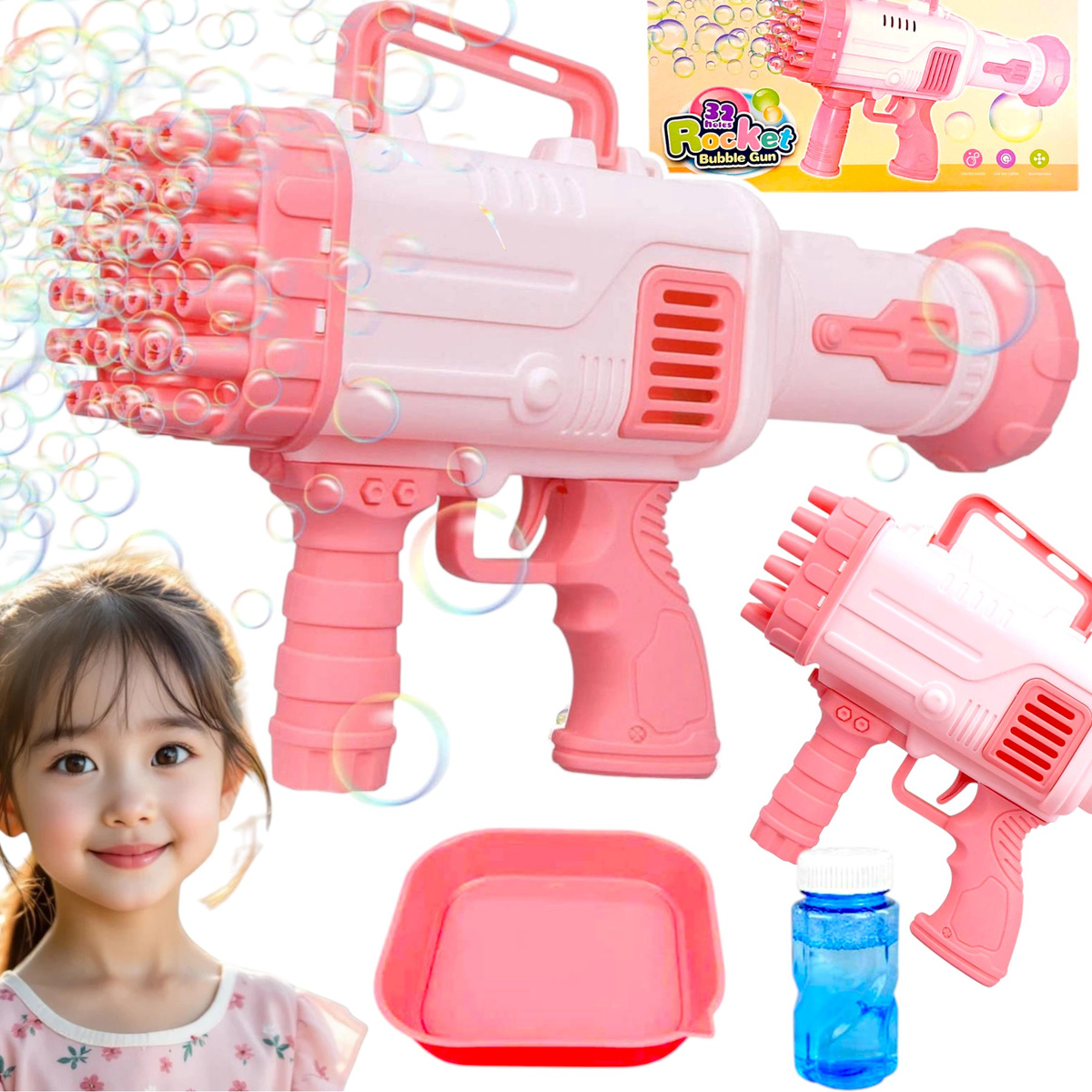PISTOLET NA BAŃKI MYDLANE MASZYNKA WYRZUTNIA BANIEK MYDLANYCH BAZOOKA PŁYN