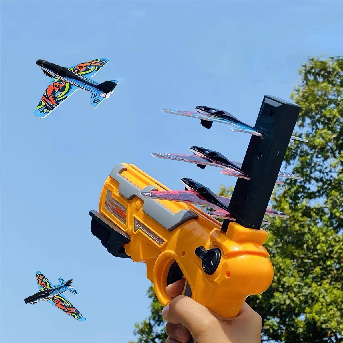 PISTOLET WYRZUTNIA SAMOLOTÓW DUŻY ZASIĘG 4 SAMOLOTY ZESTAW RZUTKA SZYBOWIEC