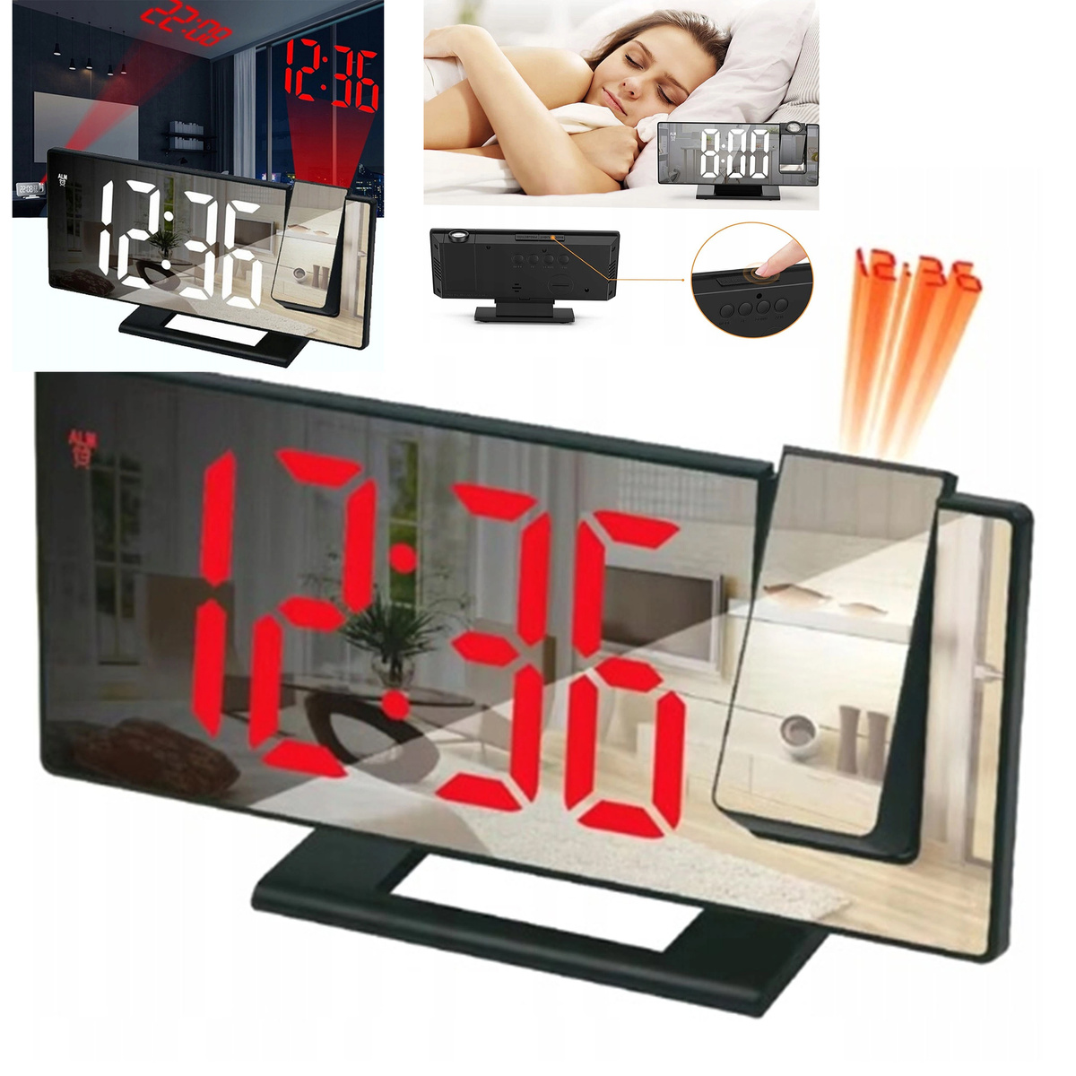 BUDZIK ZEGAR ELEKTRONICZNY GŁOŚNY Z PROJEKTOREM LED STOJĄCY CYFROWY DATA