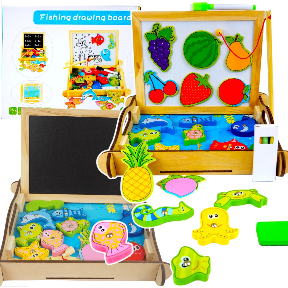 DREWNIANA TABLICA DWUSTRONNA PISANIE ŁOWIENIE RYBEK WĘDKI RYBKI OWOCE 